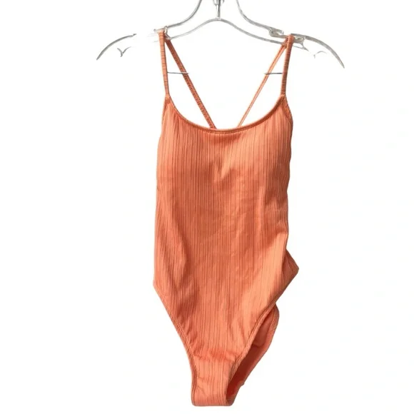 NWOT Xhilaration Tangerine Orange Peach Ribbed Backless One-Piece Swimsuit - S - Picture 5 of 16